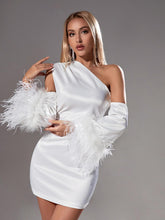 Klara Satin Feather Trimmed Mini Dress In White